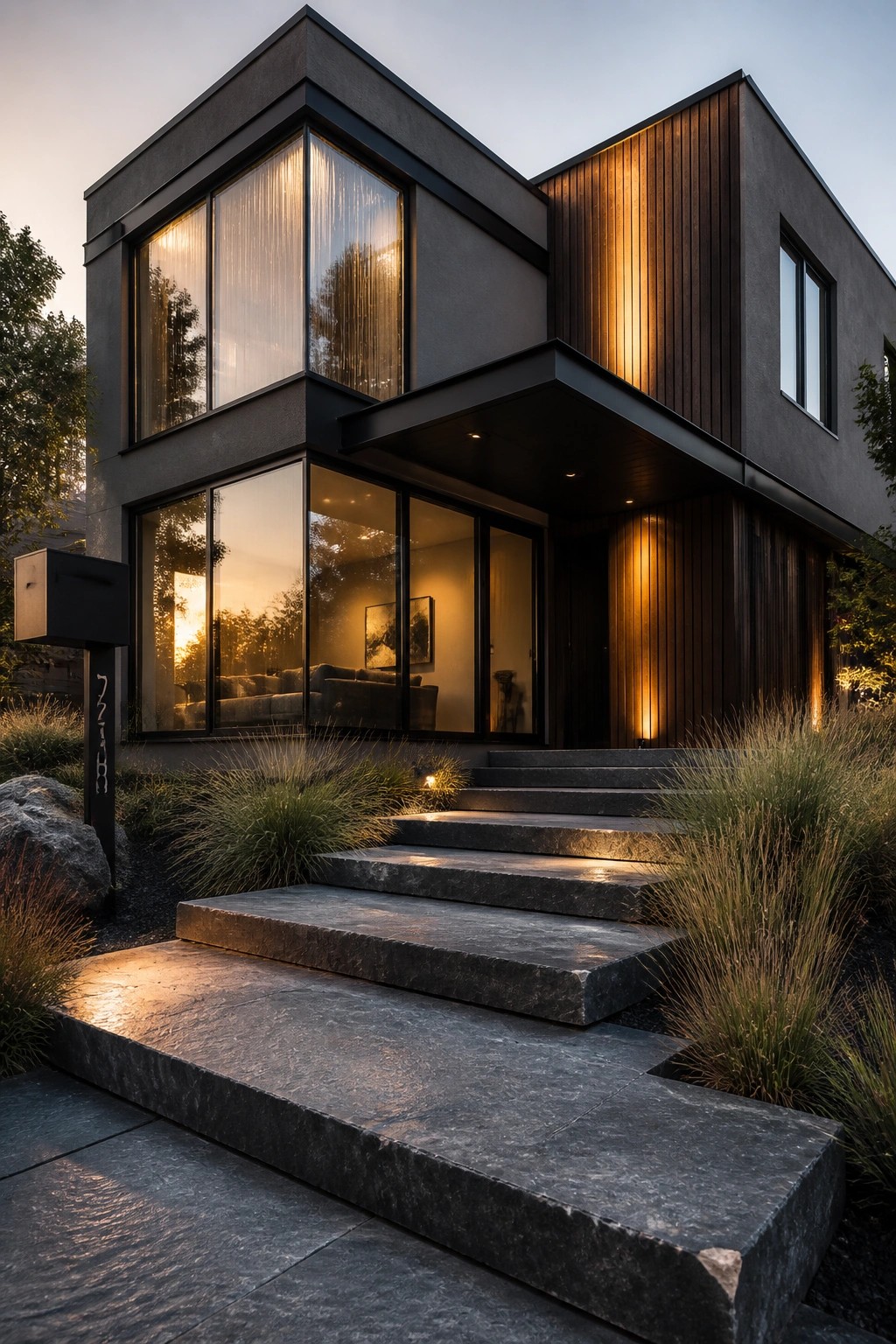 A modern two-story house with dark gray walls, black window frames, vertical wood accents, and wide stone steps leading to the front entrance.