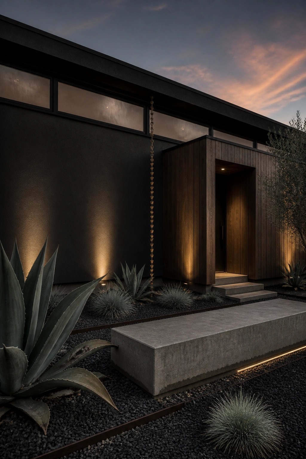 Dark modern house with golden chain, agave plants, concrete bench, and warm lighting at dusk