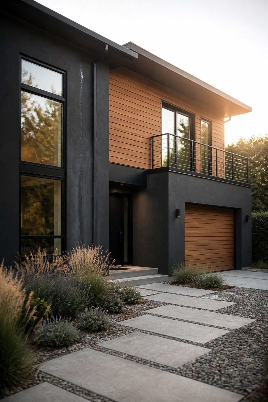 A modern two-story house with dark gray siding, horizontal wood cladding, black-framed windows, a wood garage door, and a concrete walkway with gravel edging.