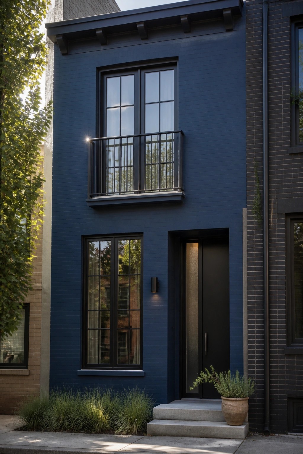 A narrow two-story house with deep navy blue painted brick, black-framed windows, a small balcony, and a black front door with concrete steps.