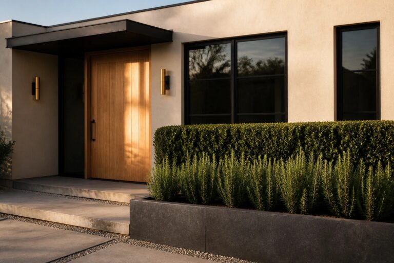 Modern house entrance featuring a vertical wood door, black-framed window, light stucco walls, concrete steps, and a dark planter with greenery.