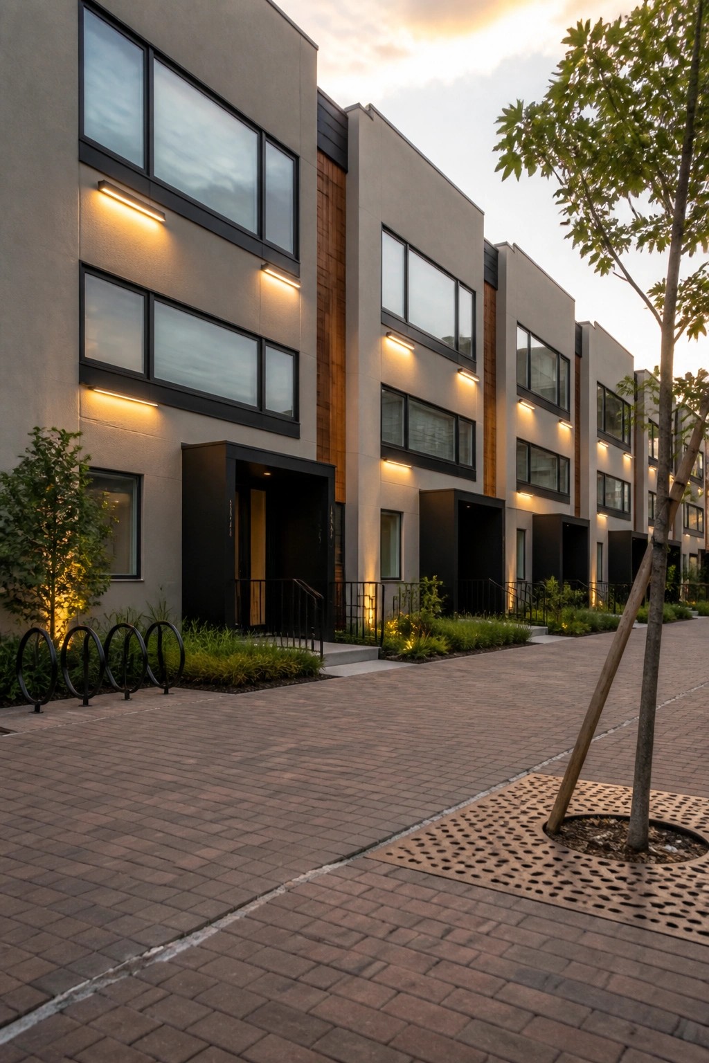 Modern multi-unit residential buildings with light gray siding, black window frames, and vertical wood accents along a brick sidewalk with trees and bike racks.