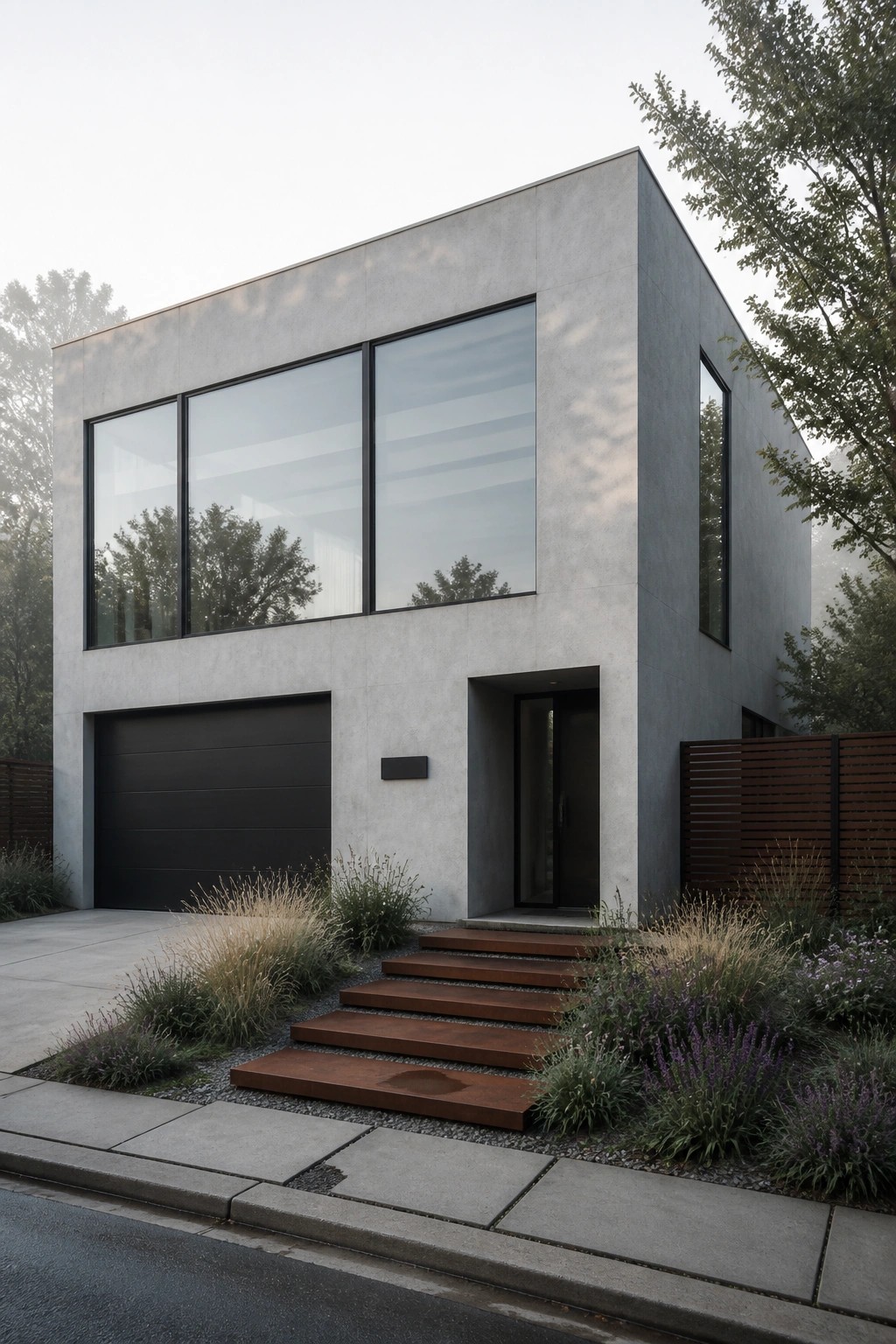 A modern two-story house with light gray concrete exterior walls, large black-framed windows, a black garage door, and a recessed black entry door with floating rust-colored steps.