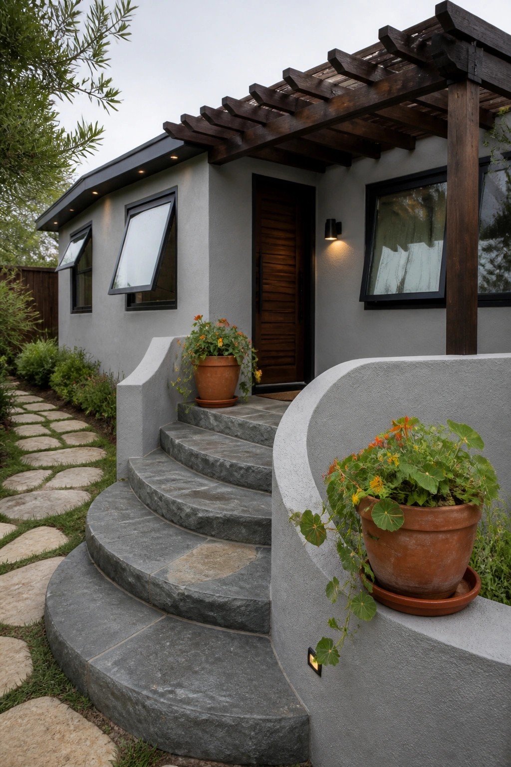 Modern gray home with curved stone steps, wooden door, pergola, and flower pots
