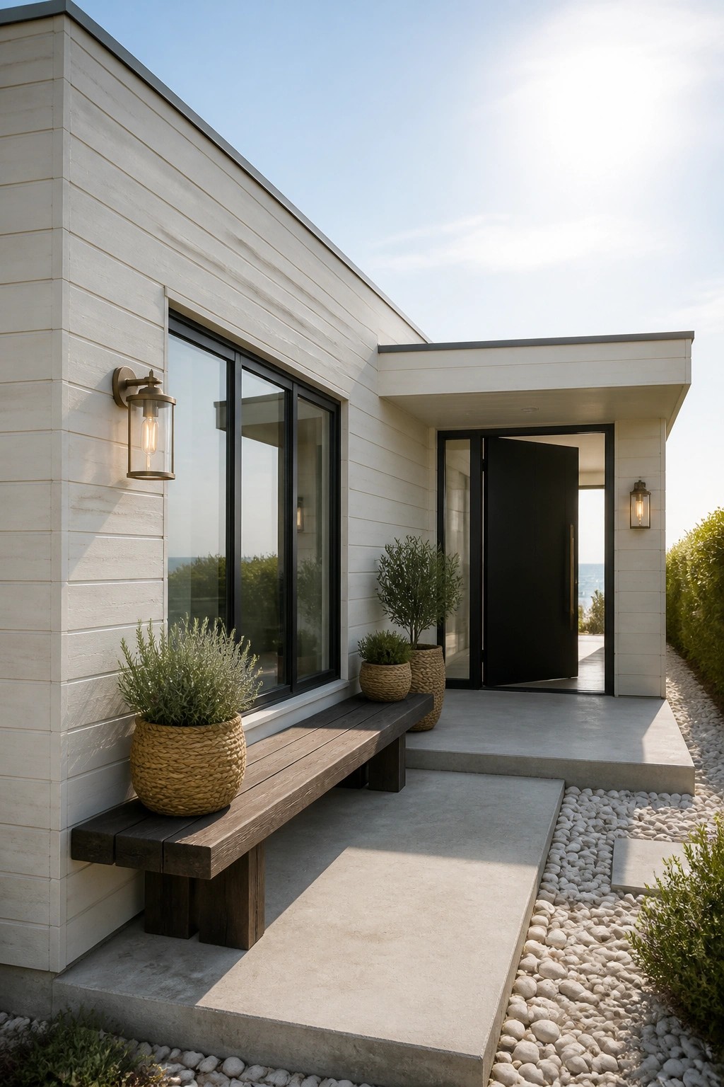 A modern house exterior with light wood siding, black-framed windows, an open black door, and a wooden bench with potted plants beside the entrance.