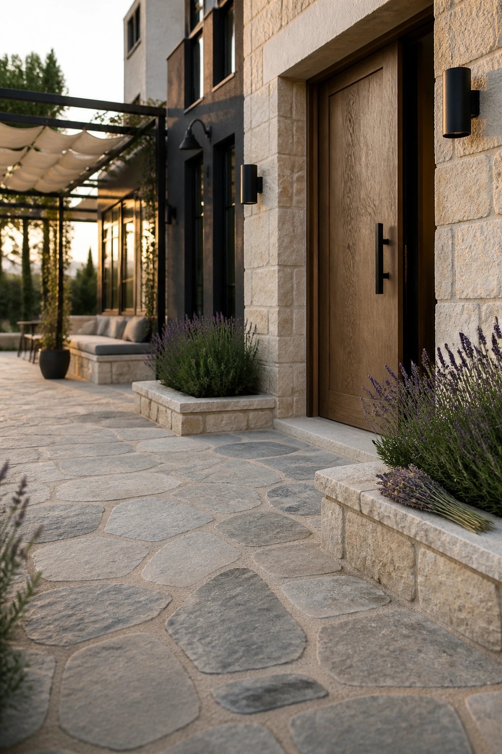 A house entrance with light stone walls, black-framed windows and door hardware, a wooden door, and a stone walkway bordered by lavender plants.