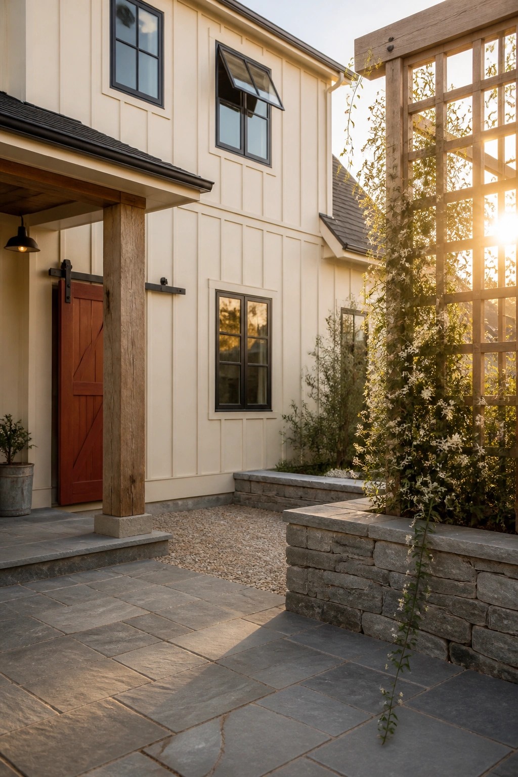 A house exterior with cream siding, black-framed windows, a red wooden door, stone retaining walls, and a wooden trellis with climbing plants.