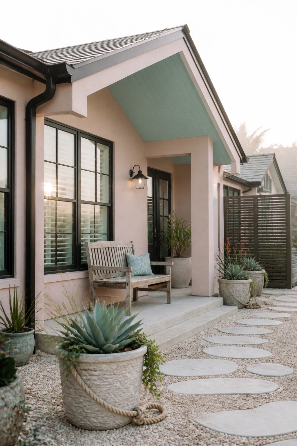 Pink house porch with wooden bench, potted succulents, and stone pathway.