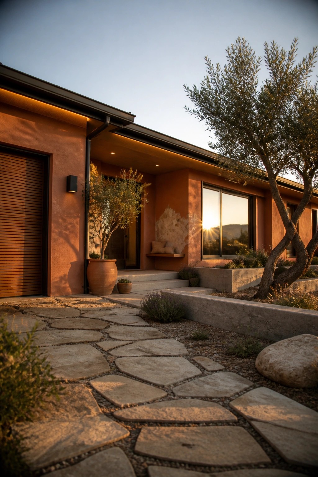 A modern house with terracotta stucco walls, black-framed windows, a stone pathway, and an olive tree in the front yard at sunset.