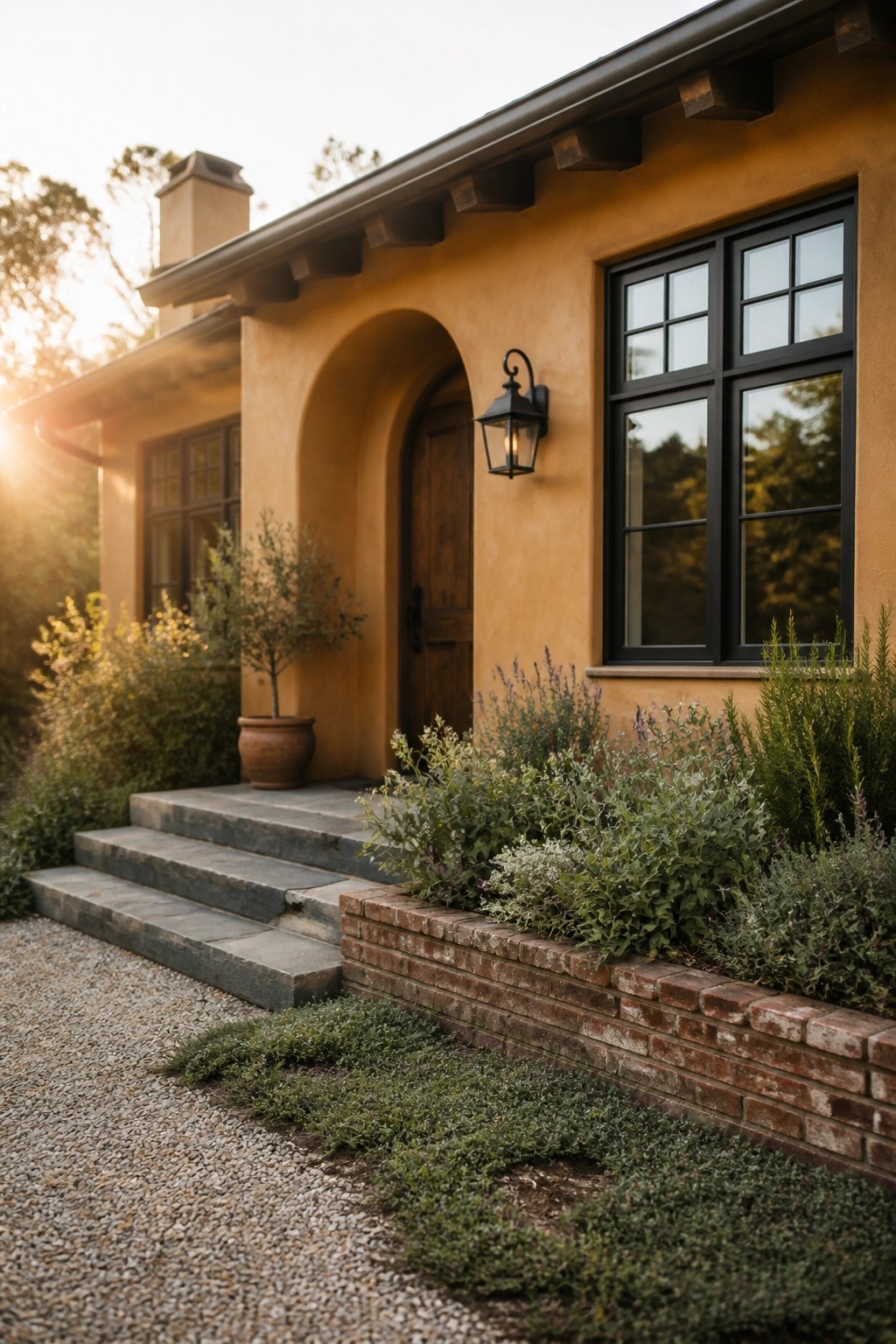 A single-story house with warm golden stucco walls, black-framed windows, a wooden arched entry door, and low landscaping along a gravel path.
