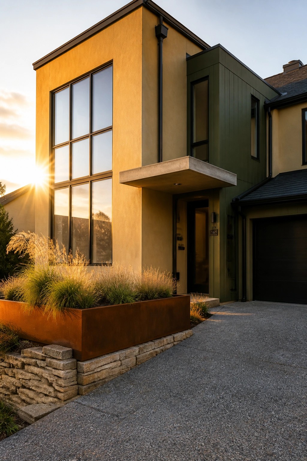 A modern two-story house with a golden stucco facade, large black-framed windows, green siding on an adjacent section, and a rust metal planter along the front.