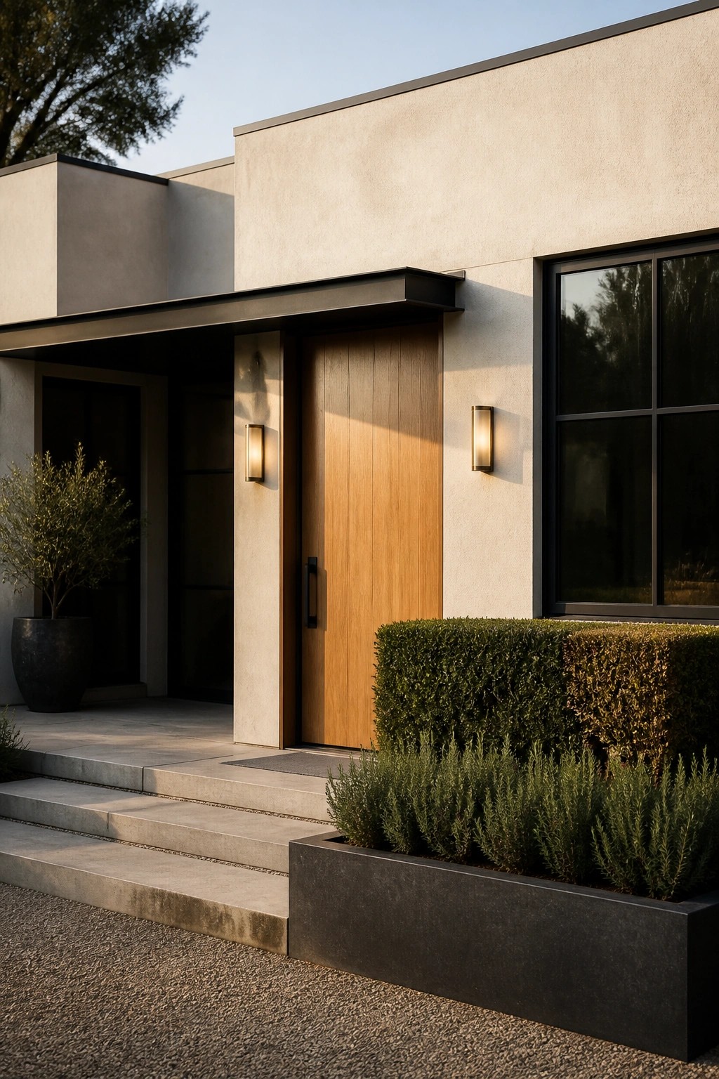 Modern house entrance featuring a vertical wood door, black-framed window, light stucco walls, concrete steps, and a dark planter with greenery.
