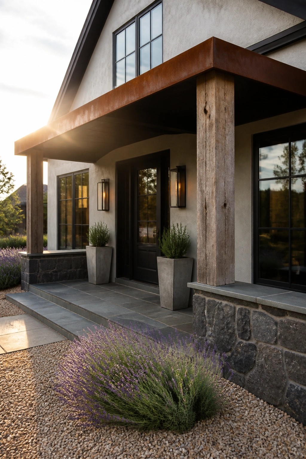 Modern home porch with wooden beams, stone base, black door, and lavender plants.