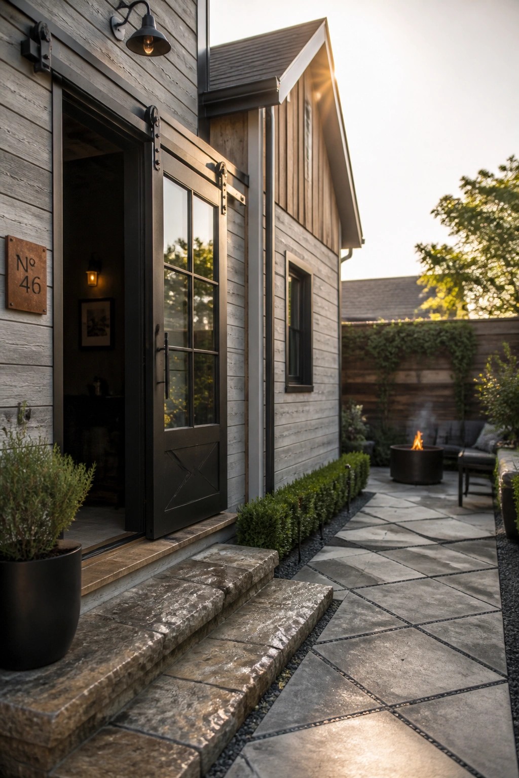 A gray wood-sided house with a black metal sliding barn door open at the entry, stone steps leading up, and a paved patio with a fire pit in the background.