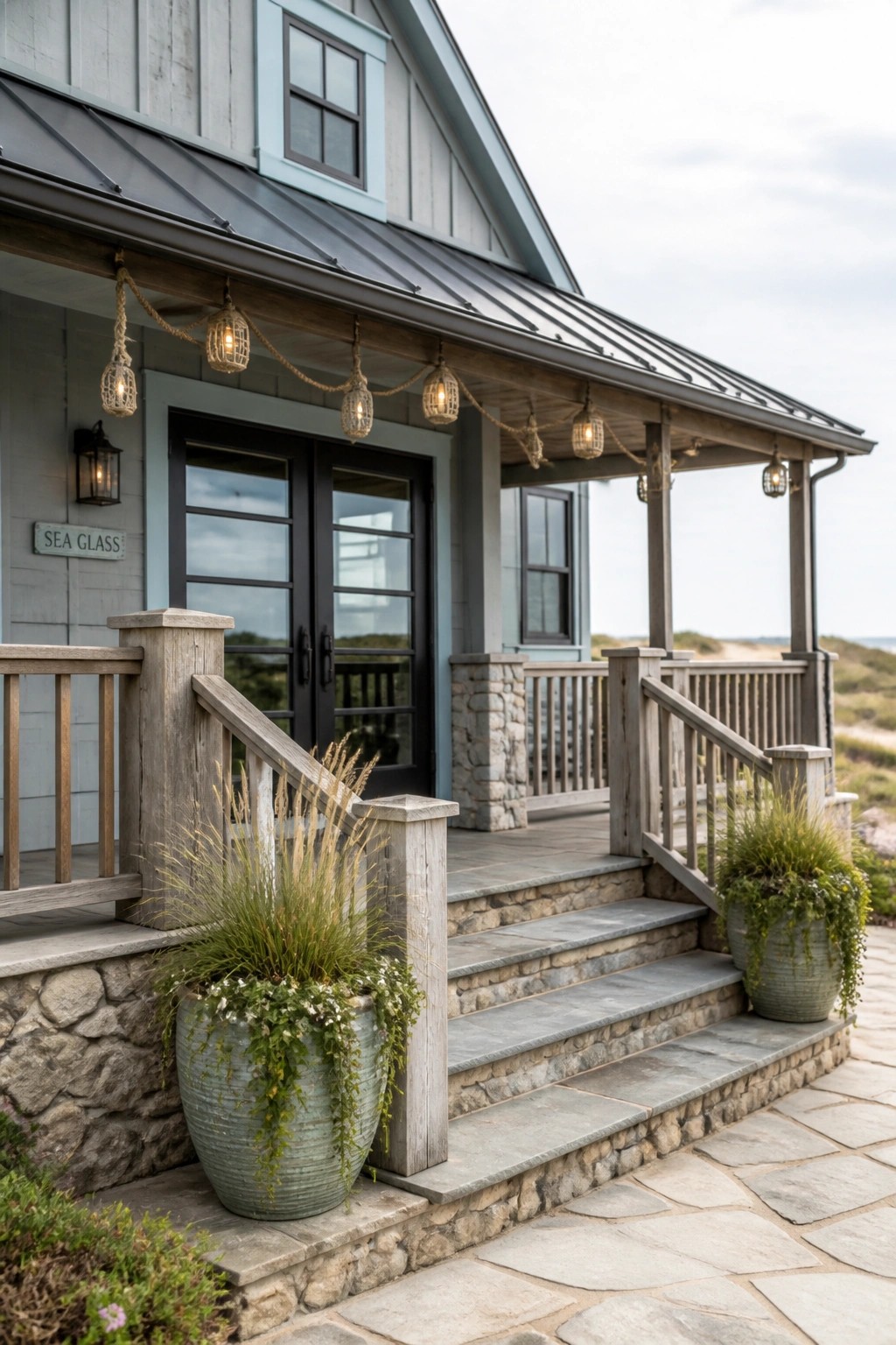 A gray house exterior with blue trim, stone porch columns, metal roof, wooden railings, and large potted plants beside stone steps.