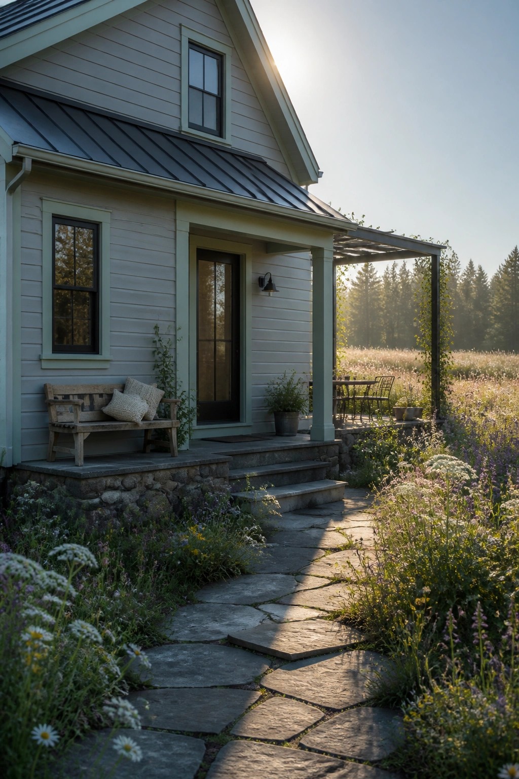 A light gray house with green trim, a dark metal roof, stone foundation, and a stone pathway leading to the front door surrounded by wildflowers.