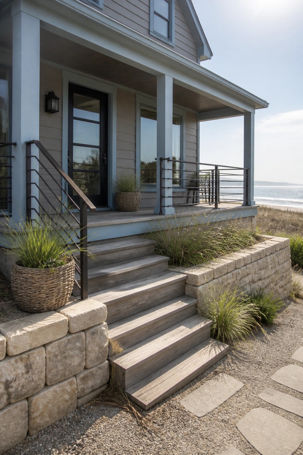 A gray house with blue-gray trim, black door, wooden steps, metal railings, and stone retaining walls beside a beach.