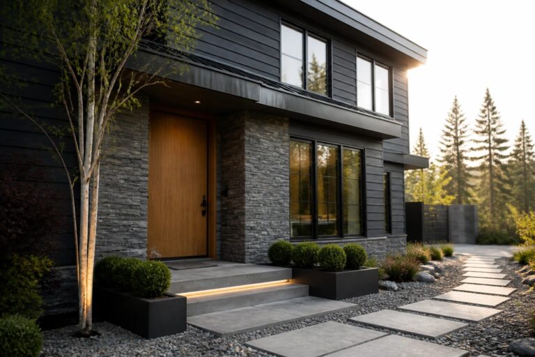 Modern dark house with wood door, glowing steps, and stone pathway on gravel