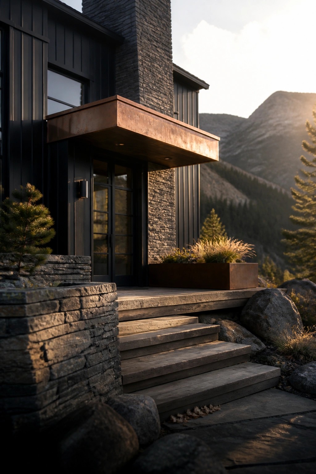 A modern house with dark gray siding, a tall stone chimney, a copper metal overhang above the front door, wooden steps, and a mountainous backdrop.