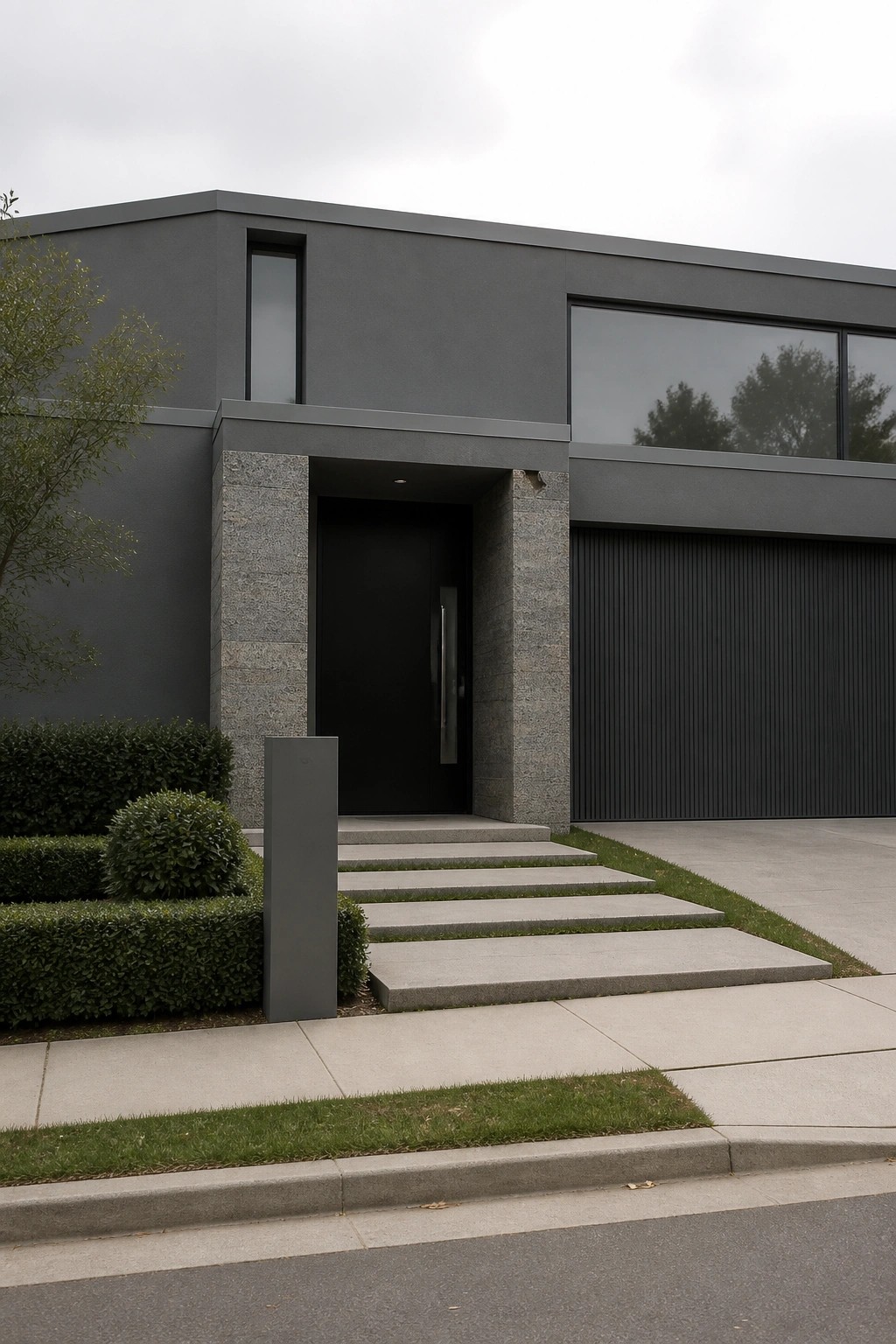 Modern house exterior with dark gray walls, stone pillars framing a black front door, concrete steps, and a black garage door on the right.