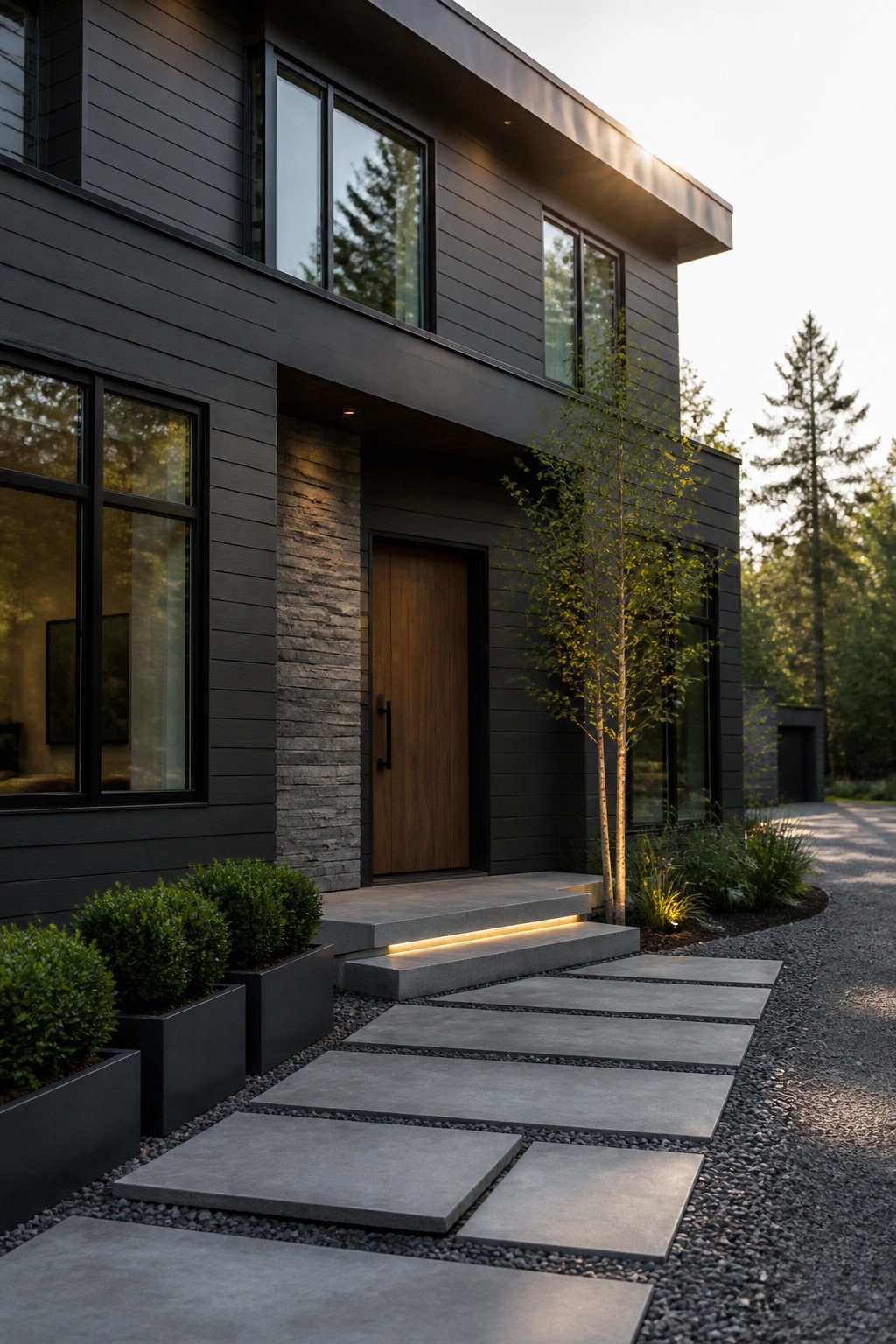 Modern dark house with wood door, glowing steps, and stone pathway on gravel