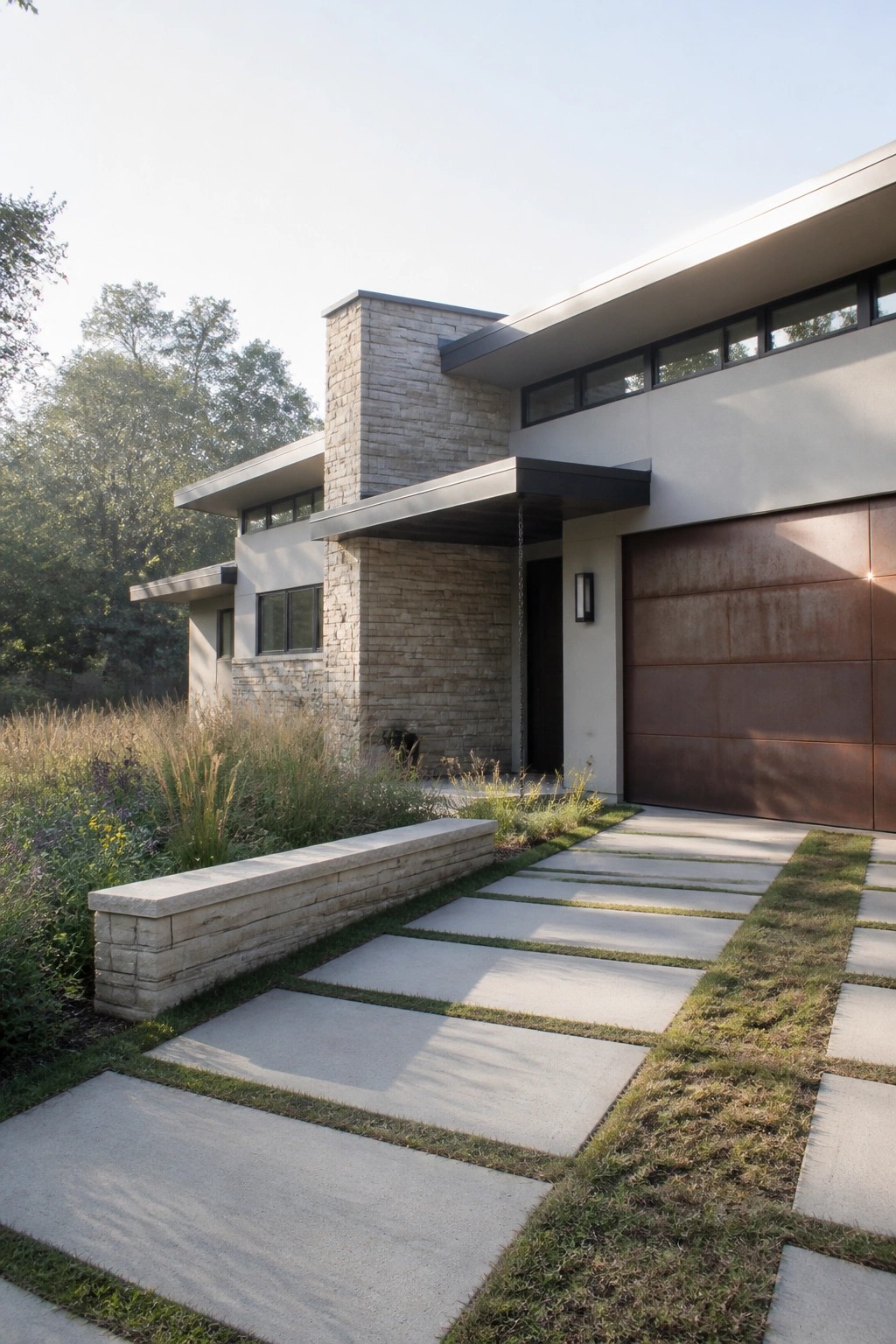 Modern house exterior with light gray siding, a tall stone chimney, dark metal roof trim, and a large rusted metal garage door, shown with a concrete pathway and landscaping.
