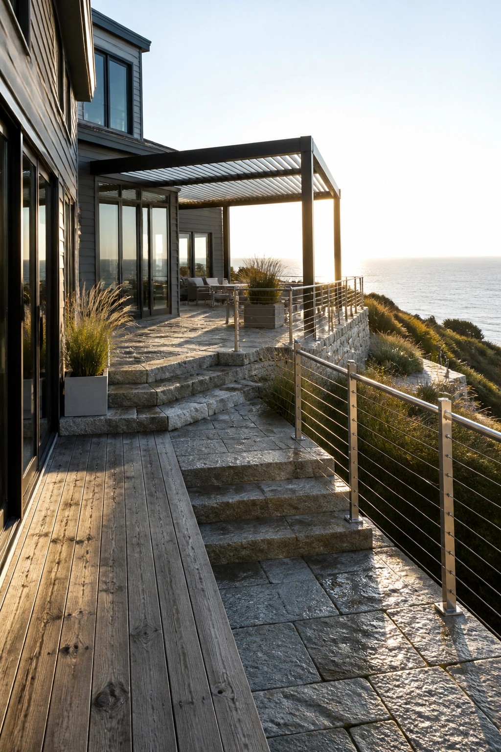 A modern gray house with a multi-level stone and wood patio, metal railings, and steps leading toward the ocean at sunset.