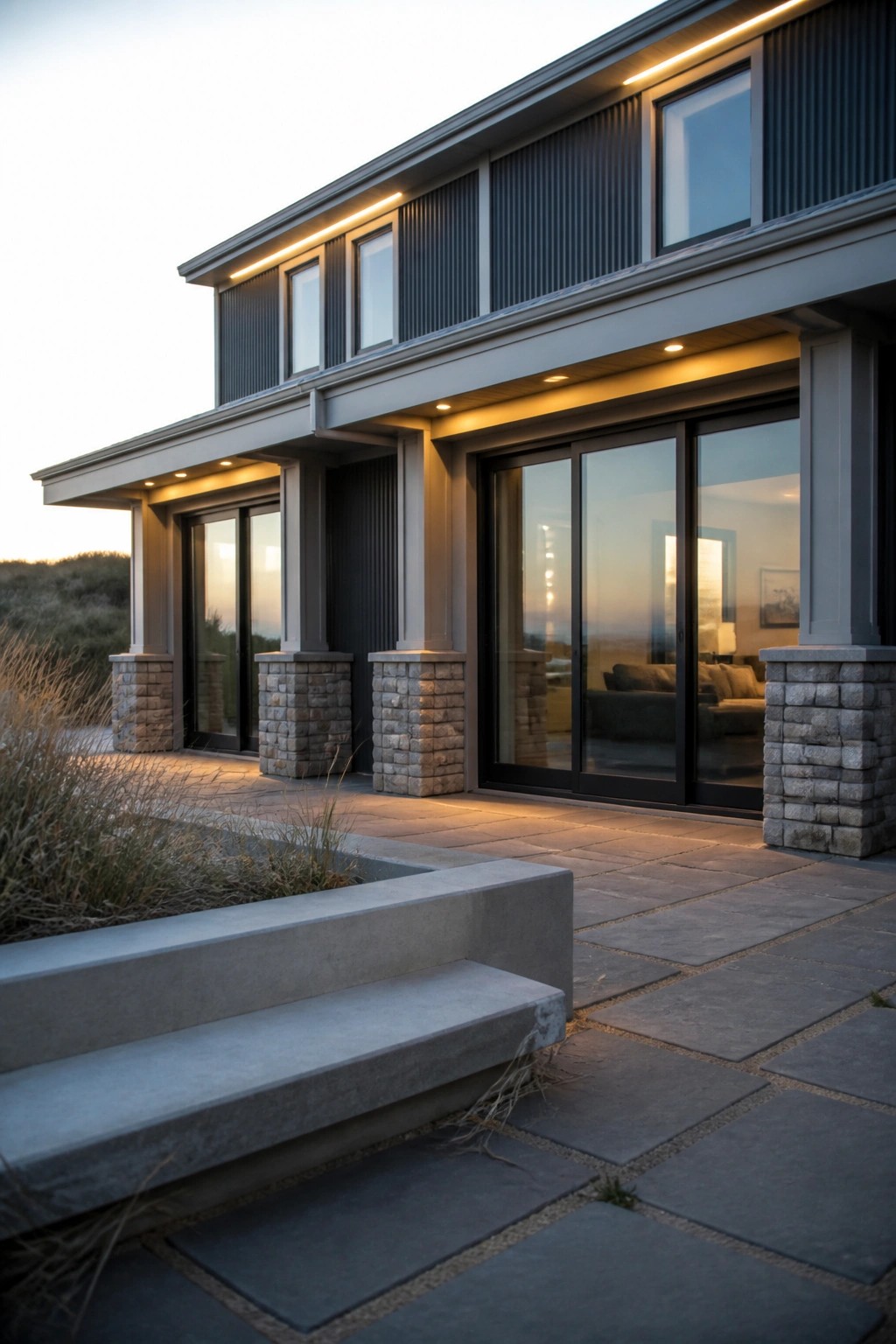 Modern house with stone pillars, large glass doors, and warm evening patio lighting.