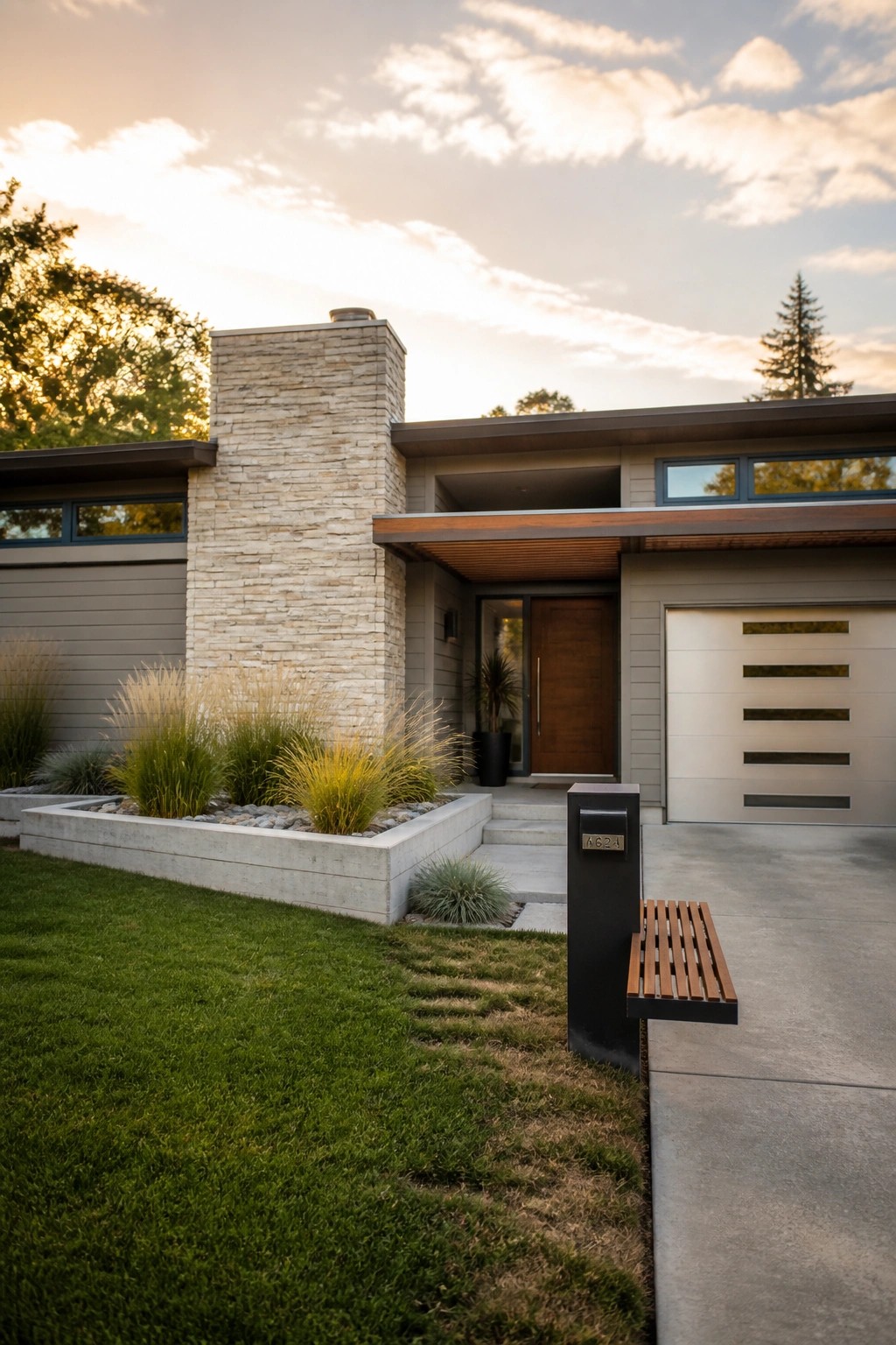 Modern home with stone chimney, wooden door, garage, planter and lawn at sunset.
