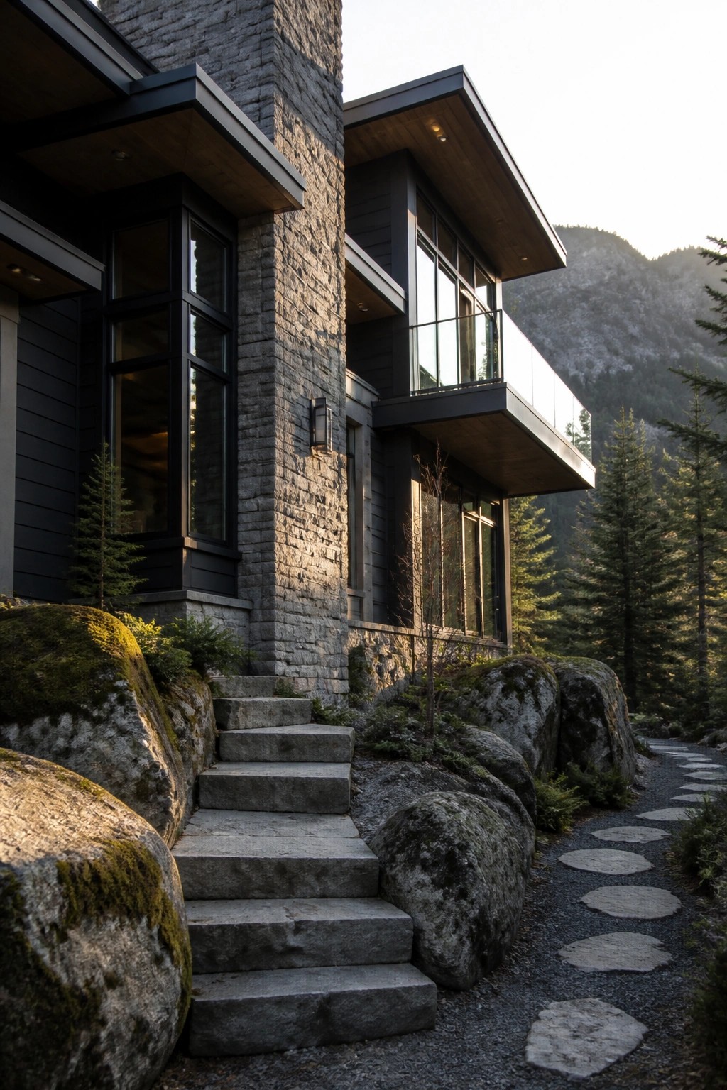 A modern house exterior with a tall stone chimney, dark gray siding, black-framed windows, and a gravel path with stepping stones leading past large rocks.