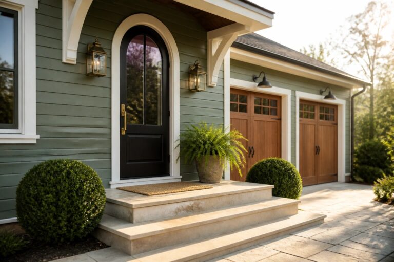 20 Dreamy Sage Green Exterior House Colors for Relaxed Modern Curb Appeal A sage green house exterior with white trim, a black arched front door, concrete steps, and potted plants beside the entrance.