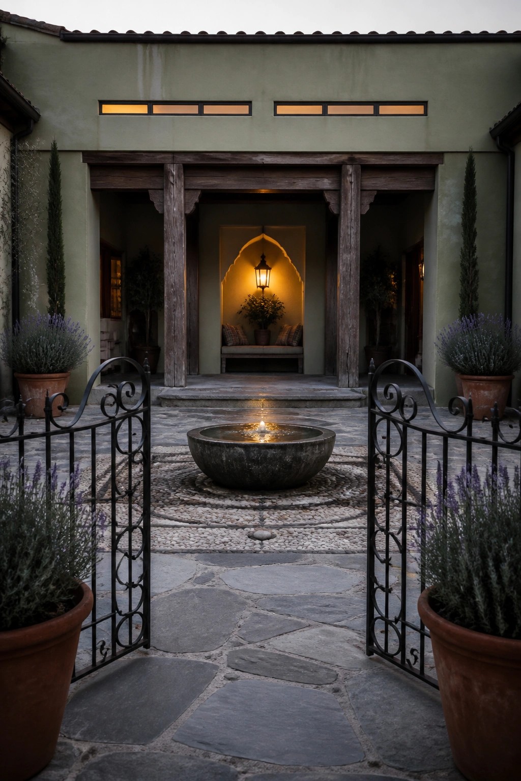 A stone courtyard with a central fountain leads through open gates to a sage green house with exposed wood beams and an arched niche.