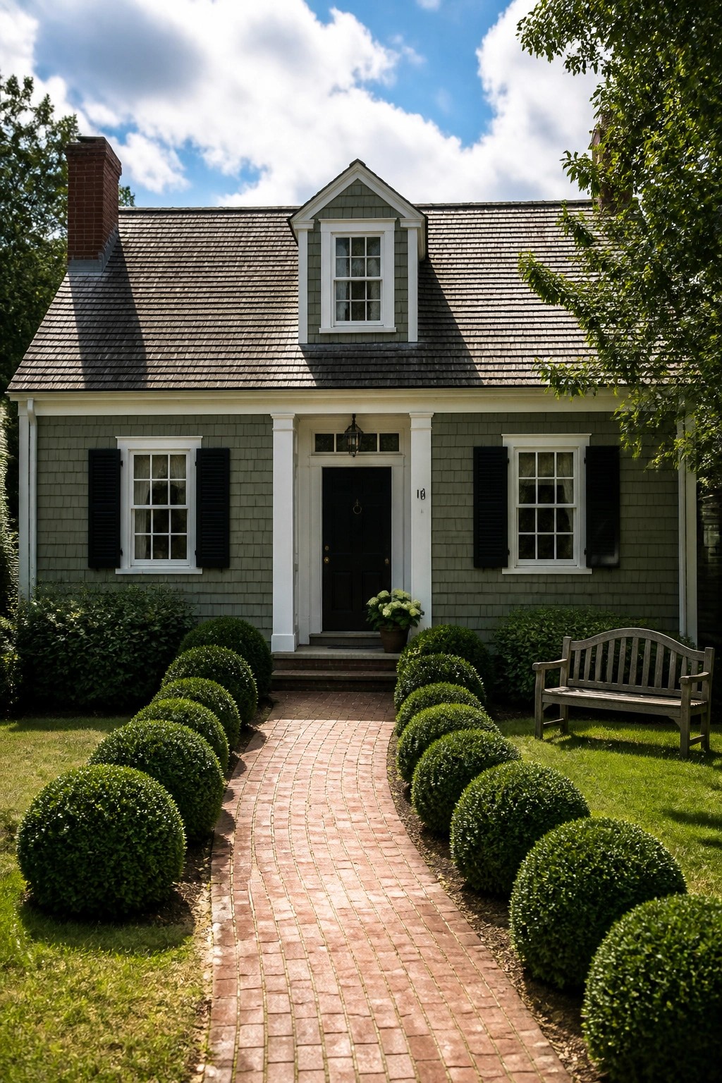 A sage green house exterior with white trim, black shutters, a dark front door, and a brick path lined with rounded shrubs.