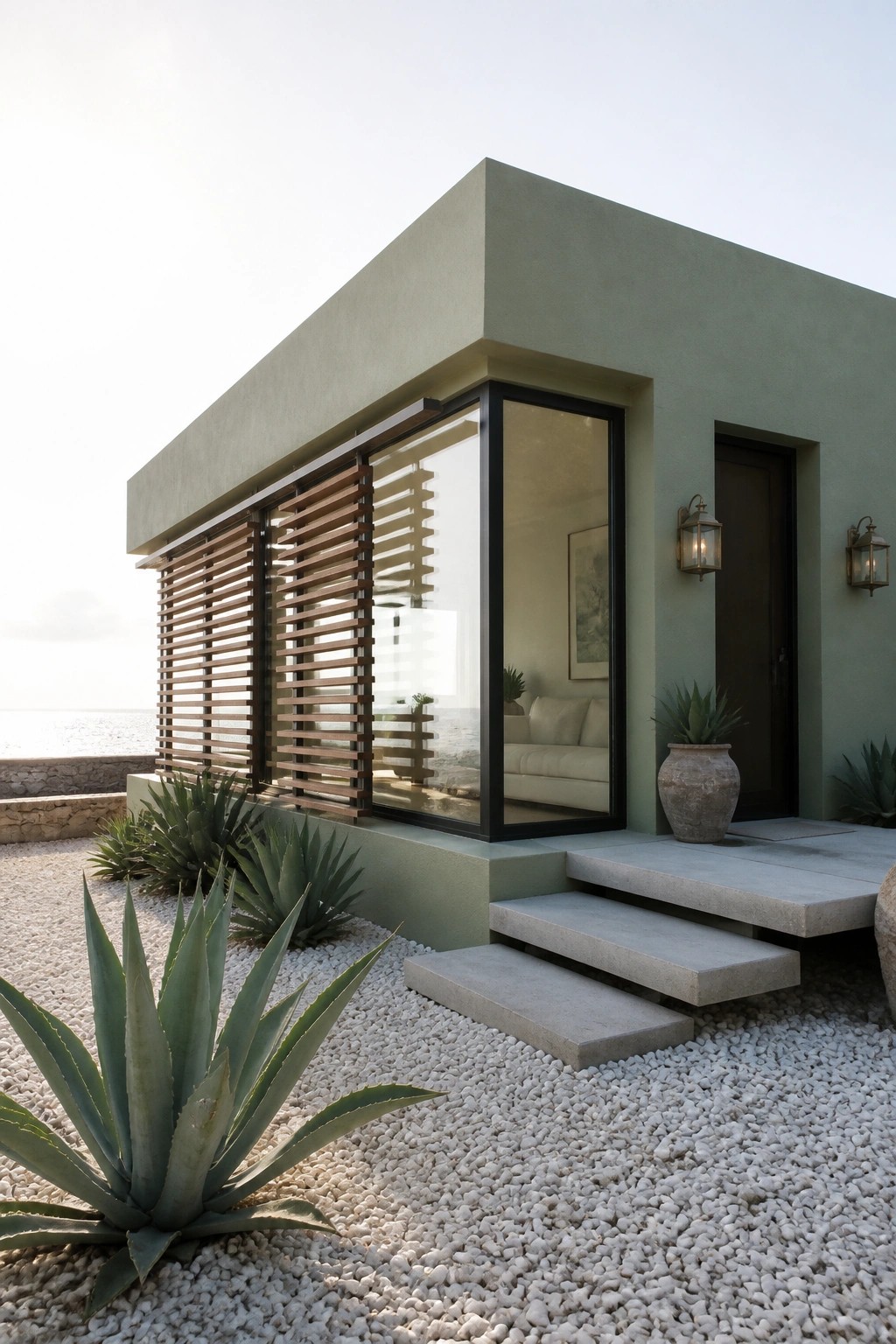 Modern single-story house with sage green exterior walls, large black-framed windows with wooden slats, concrete steps, and agave plants in white gravel.