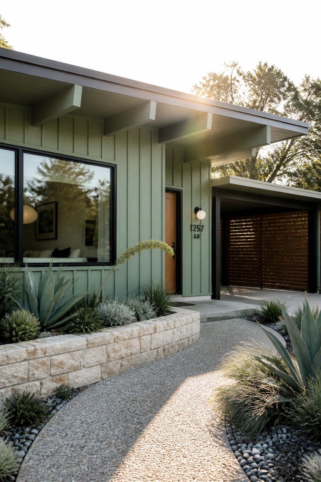 A modern single-story house with sage green vertical siding, black-framed windows, a wooden front door, and a gravel path bordered by stone and plants.