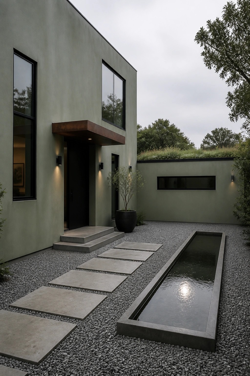 Modern two-story house with sage green stucco exterior, black-framed windows, dark entry door, and a gravel courtyard with concrete stepping stones beside a long rectangular water feature.