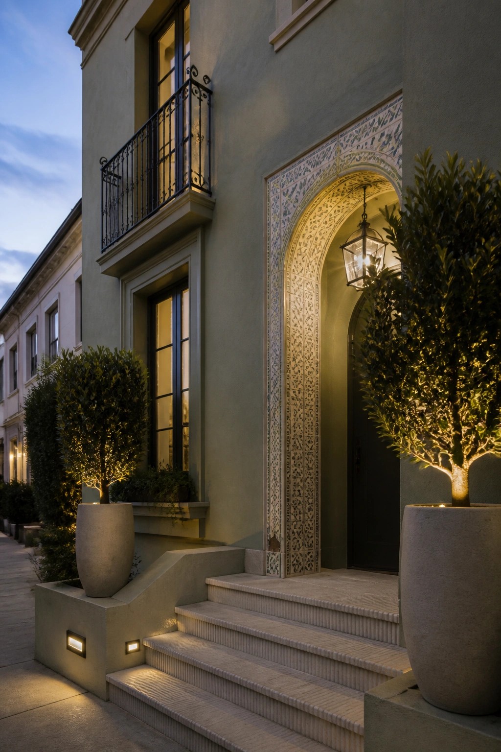 A sage green stucco house exterior at dusk with an arched doorway framed by decorative tile, a small balcony with black railing, concrete steps, and two large potted plants.