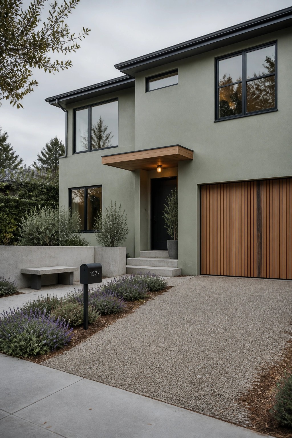 A two-story modern house with sage green stucco walls, black-framed windows, a wood garage door, and a gravel driveway with low landscaping.