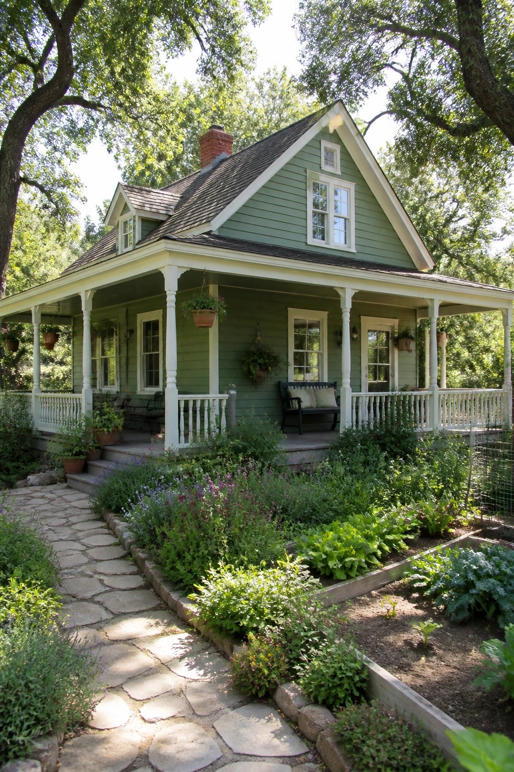 A sage green house with white trim, a front porch, and a stone path leading through a garden with raised beds.