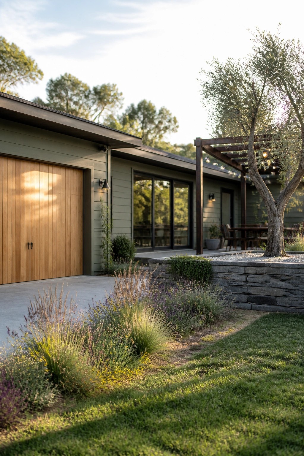 A modern single-story house with sage green siding, a wood garage door, large windows, and a landscaped yard with a stone wall and olive tree under a pergola.