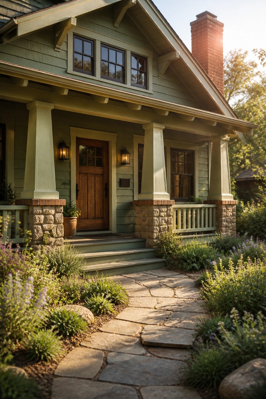 A sage green house exterior featuring a wooden front door, stone porch columns, and a stone pathway through garden beds.