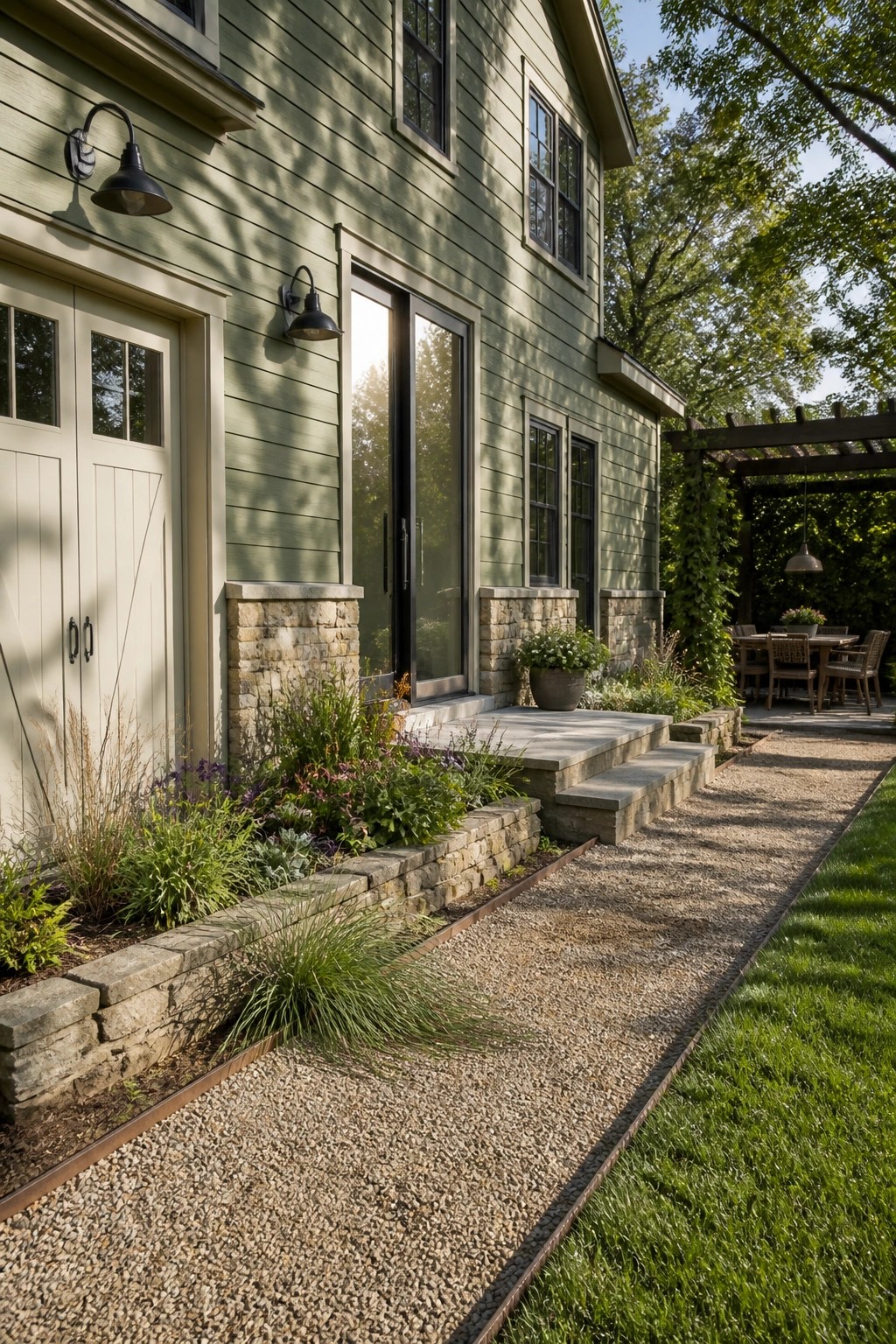 A sage green house exterior with black windows, stone accents at the base, and a gravel path next to planted beds.