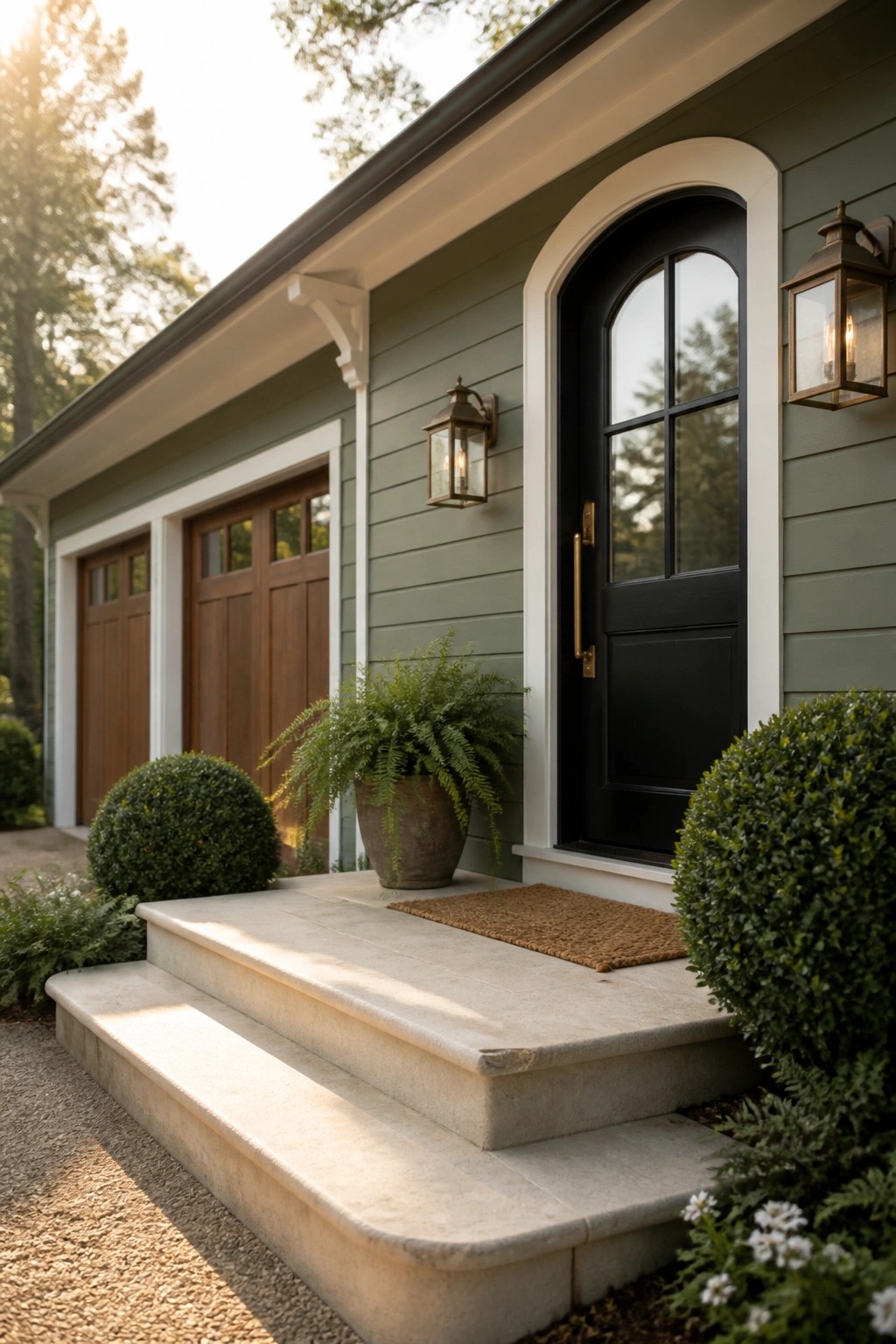 A sage green house exterior with white trim, a black arched front door, concrete steps, and potted plants beside the entrance.