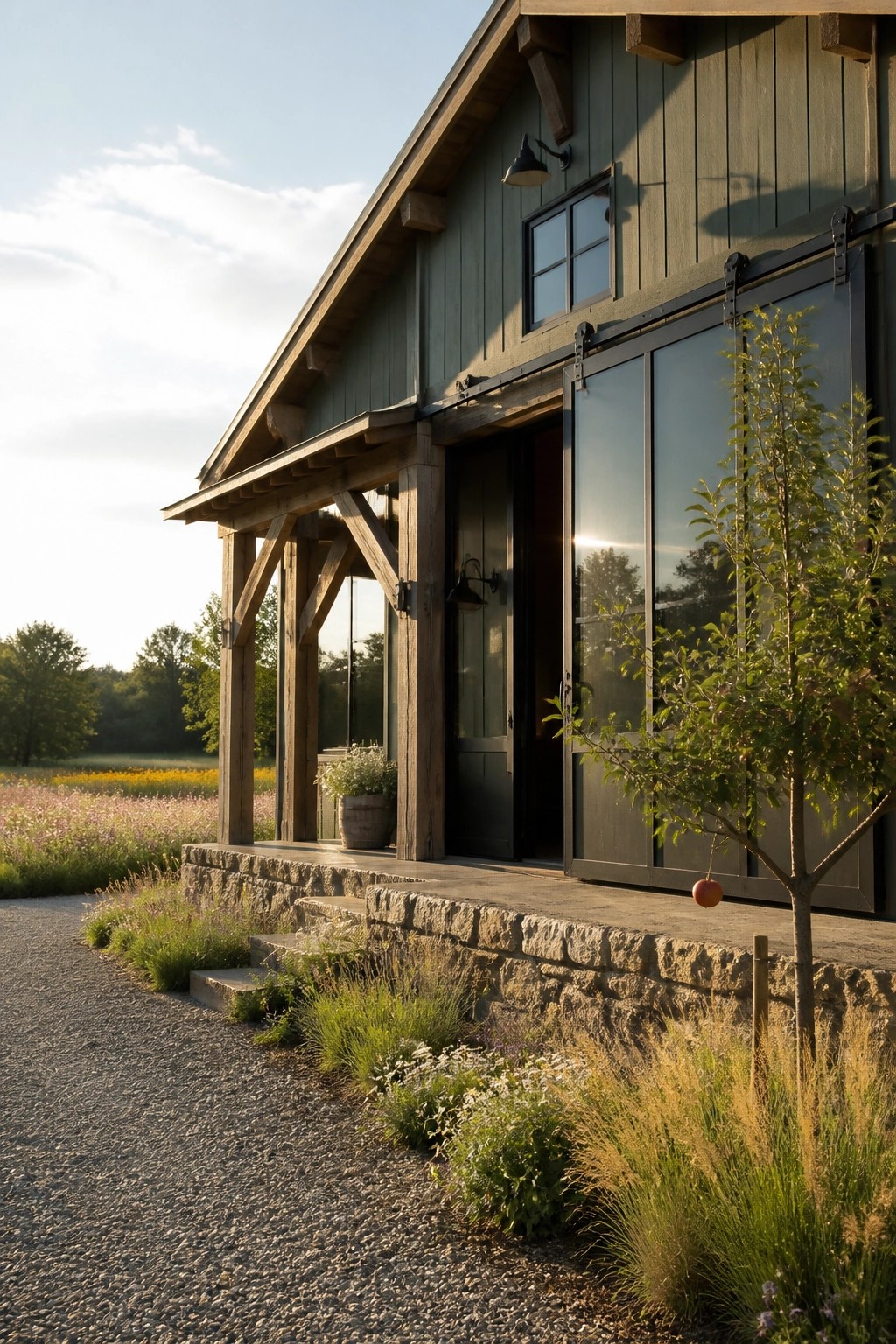 A sage green house exterior featuring wooden support beams, a stone foundation, large sliding glass doors, and a gravel path with a small tree in front.