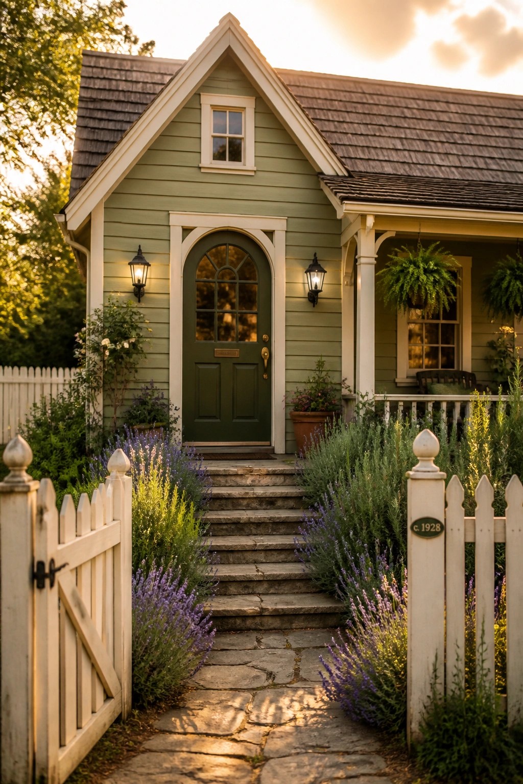 A sage green house exterior with white trim, a dark green arched door, stone steps, a pathway lined with lavender, and a white picket fence in the foreground.