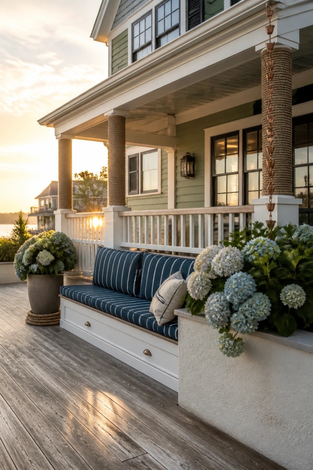 A sage green house exterior with white trim, a covered porch, a blue striped built-in bench, and large hydrangeas in planters on a wooden deck.