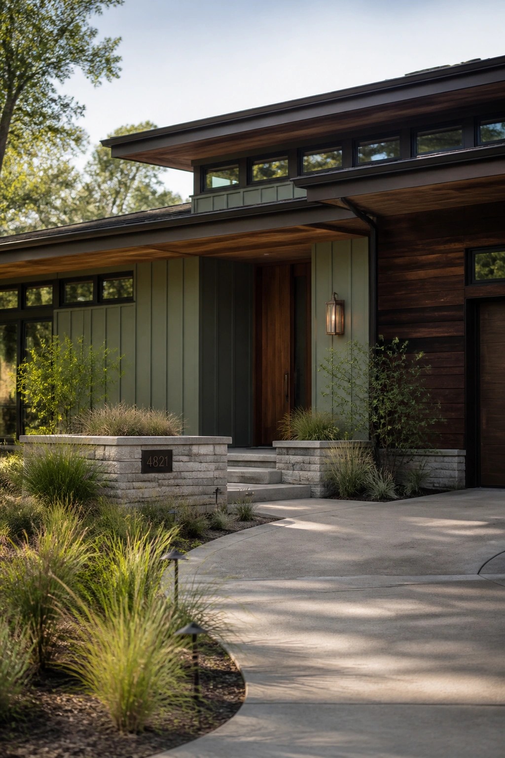 A modern house exterior with sage green vertical siding, dark wood accents, a wooden front door, stone planters, and a concrete driveway.