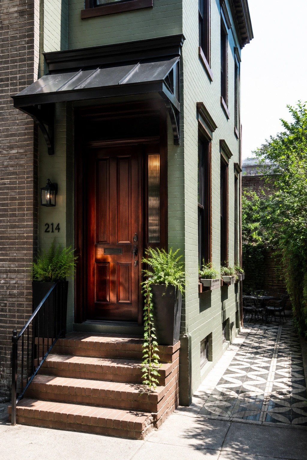 The front entrance of a sage green house with a dark wood door, black metal awning above, and brick steps leading to the doorway.