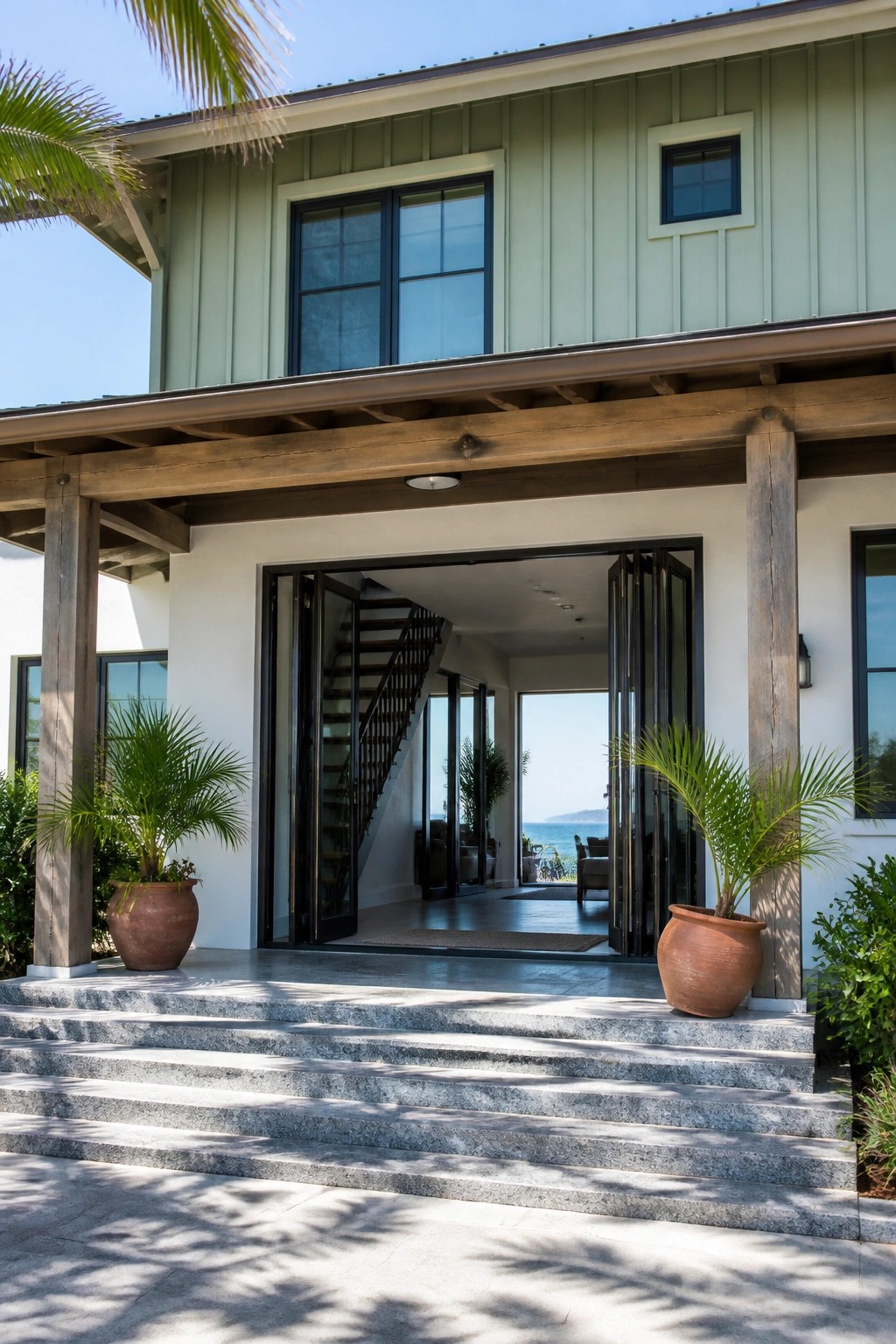 A two-story house with sage green siding, thick wooden porch posts and beams, open black-framed glass doors, and stone steps flanked by large terracotta pots.
