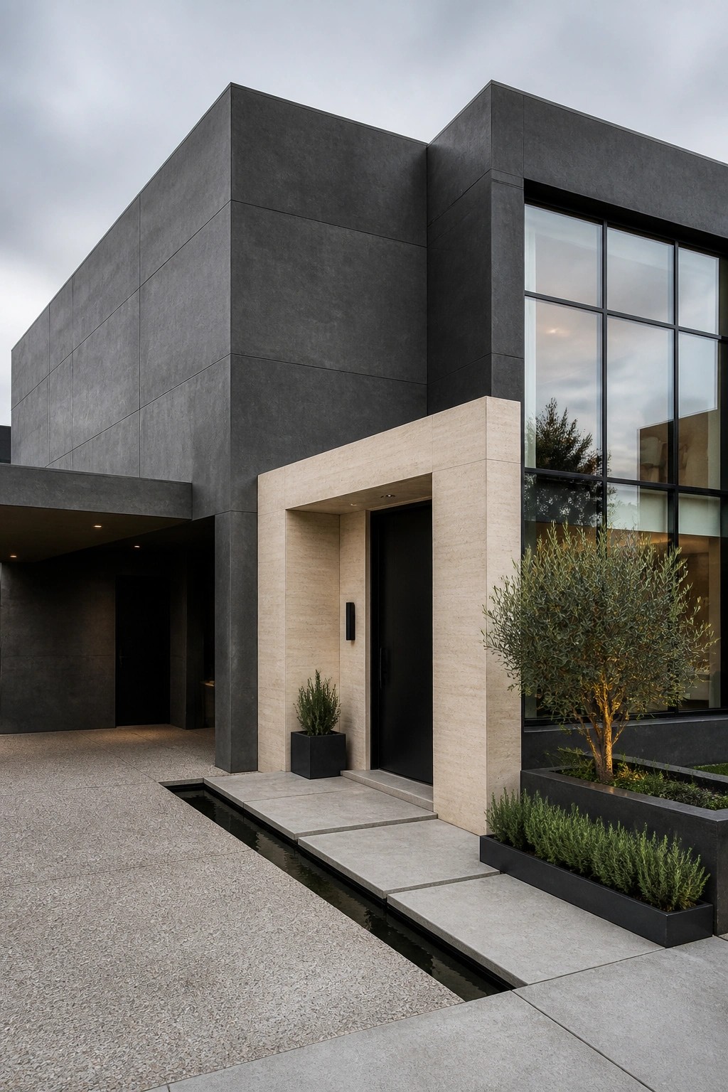 Modern house exterior with dark gray walls, light stone entry surround, black door, and large grid windows.